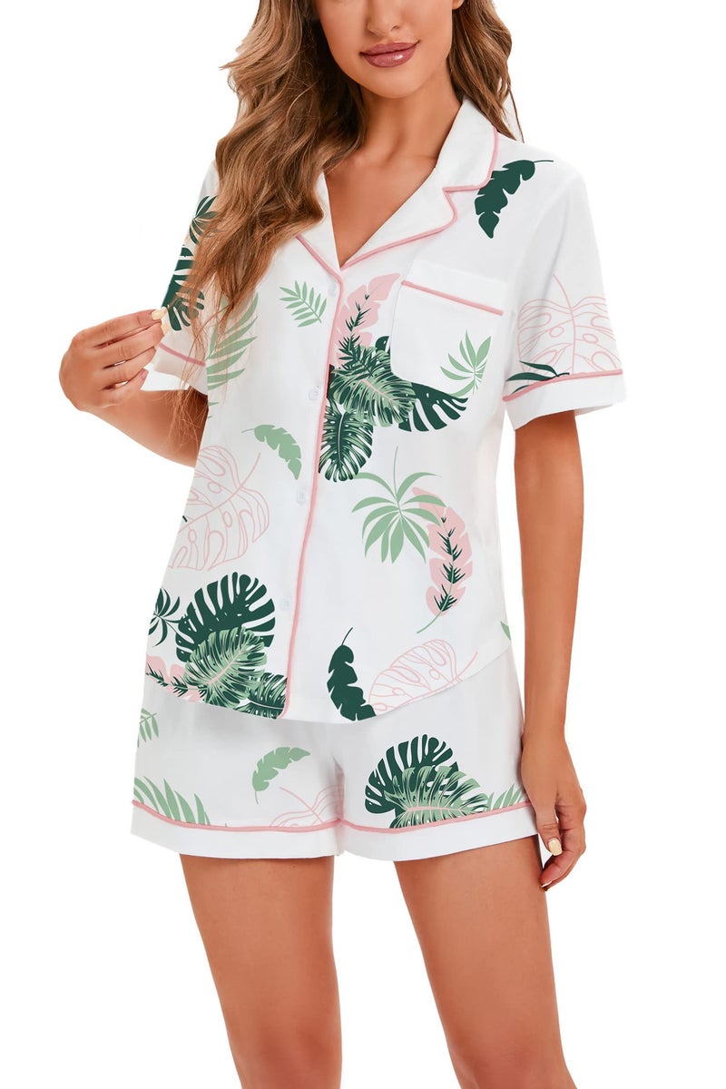 LUBOT 100% Cotton Women's Pajamas Set Short Sleeve Button-Down Shirt PJ 2 Piece Set Printed Patterned Summer Night Suit Sleepwear Loungewear (Leaves, M) - Image 3