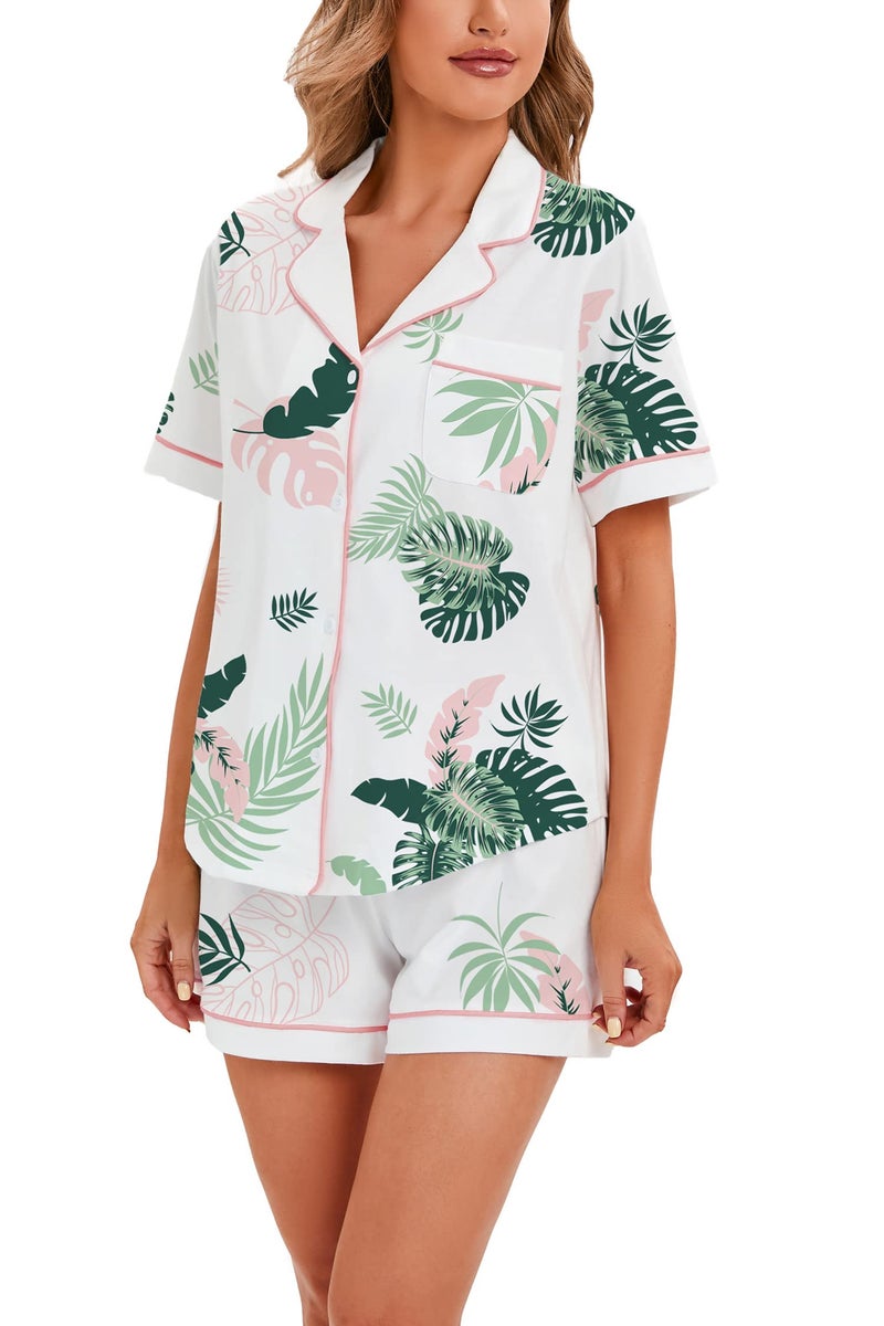 LUBOT 100% Cotton Women's Pajamas Set Short Sleeve Button-Down Shirt PJ 2 Piece Set Printed Patterned Summer Night Suit Sleepwear Loungewear (Leaves, M) - Image 5