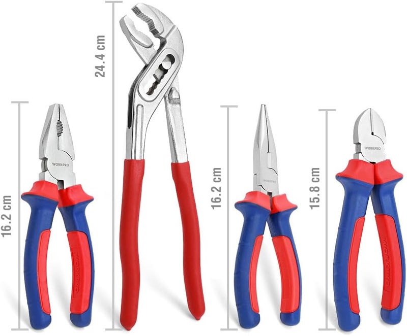 WORKPRO 4-Piece Pliers Set - Includes Long Nose, Linesman, Diagonal, and Water Pump Pliers - Image 2