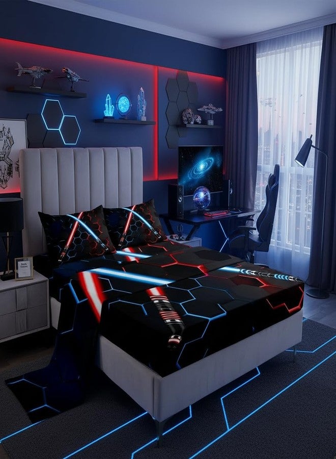 Castle Fairy Neon Red Blue Lightsaber Bedding Set Twin Size Geometric Honeycomb Bed Sheets 3Pcs for Kids Girls Boys Teens Room Decor Fashion Games Sheet Set Black 3D Hexagon Fitted + Flat Sheet,1 Pillowcase - Image 1