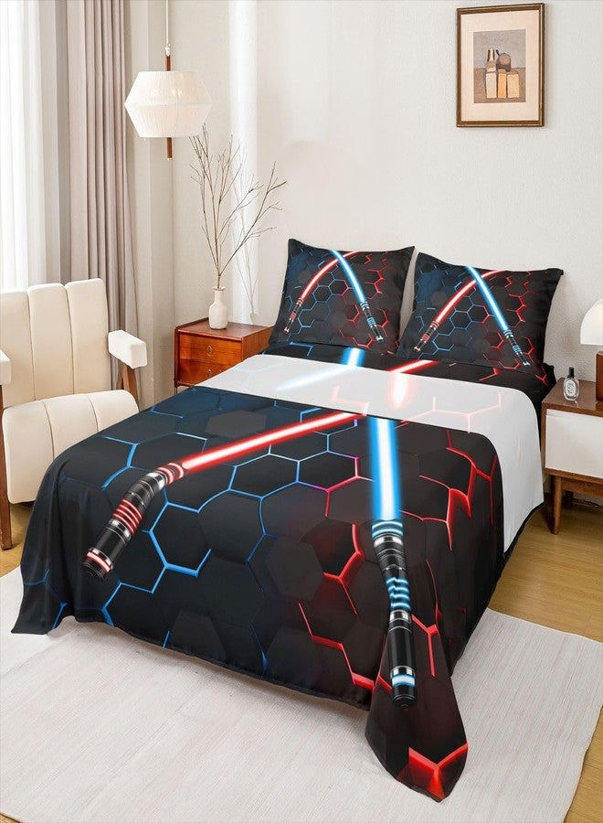 Castle Fairy Neon Red Blue Lightsaber Bedding Set Twin Size Geometric Honeycomb Bed Sheets 3Pcs for Kids Girls Boys Teens Room Decor Fashion Games Sheet Set Black 3D Hexagon Fitted + Flat Sheet,1 Pillowcase - Image 3