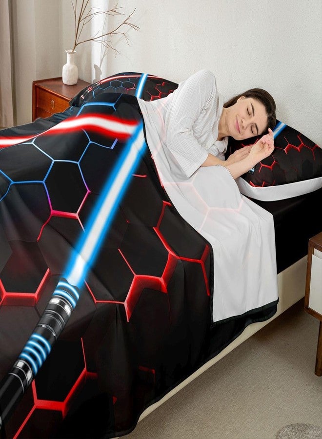Castle Fairy Neon Red Blue Lightsaber Bedding Set Twin Size Geometric Honeycomb Bed Sheets 3Pcs for Kids Girls Boys Teens Room Decor Fashion Games Sheet Set Black 3D Hexagon Fitted + Flat Sheet,1 Pillowcase - Image 2