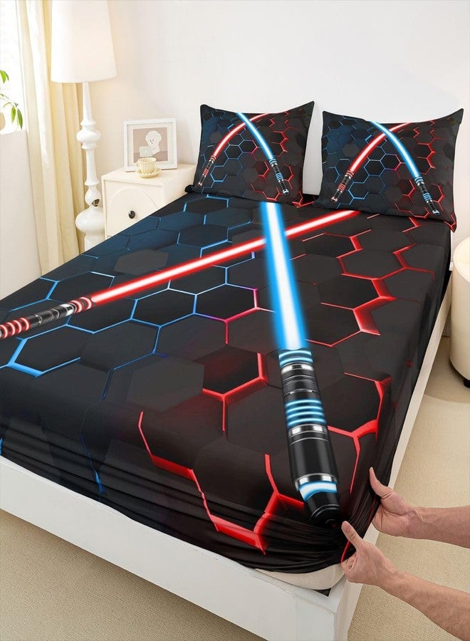 Castle Fairy Neon Red Blue Lightsaber Bedding Set Twin Size Geometric Honeycomb Bed Sheets 3Pcs for Kids Girls Boys Teens Room Decor Fashion Games Sheet Set Black 3D Hexagon Fitted + Flat Sheet,1 Pillowcase - Image 5