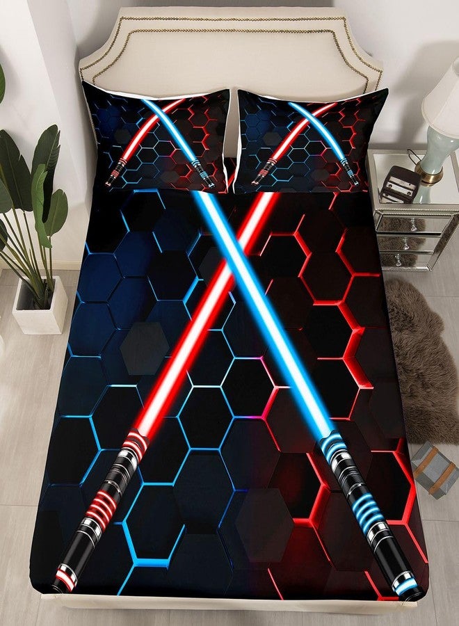 Castle Fairy Neon Red Blue Lightsaber Bedding Set Twin Size Geometric Honeycomb Bed Sheets 3Pcs for Kids Girls Boys Teens Room Decor Fashion Games Sheet Set Black 3D Hexagon Fitted + Flat Sheet,1 Pillowcase - Image 4