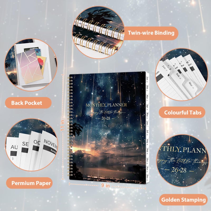 Journaltastic Monthly Planner 2026-2028 - 2 Year Planner 2026-2028, Jul.2026 - Jun.2028, 9" x 11", Calendar Planner, 24 Month Calendar with Tabs, Twin-wire Binding + Back Pocket - Galaxy - Image 3