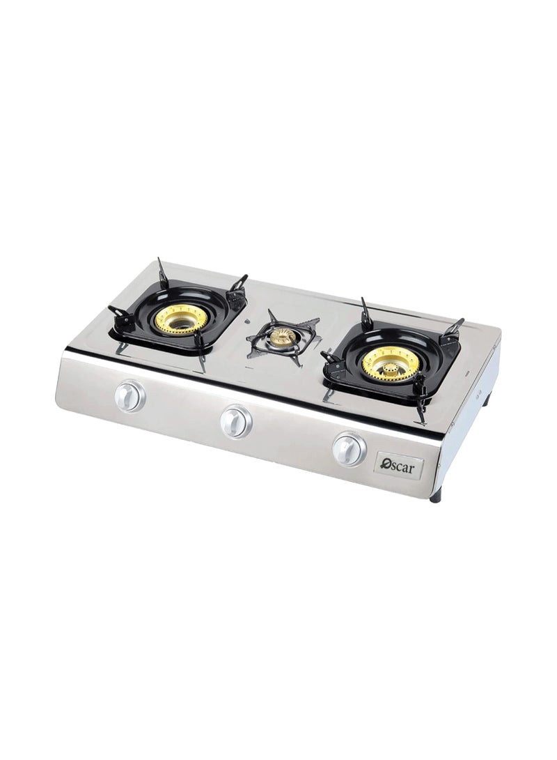 Oscar 3 Burner Stainless Steel Gas Stove | Auto Piezo Ignition | Heavy Duty Cast Iron Burners | Slim Compact Design | Easy Clean Cooktop - OG845 | 2 Year Warranty