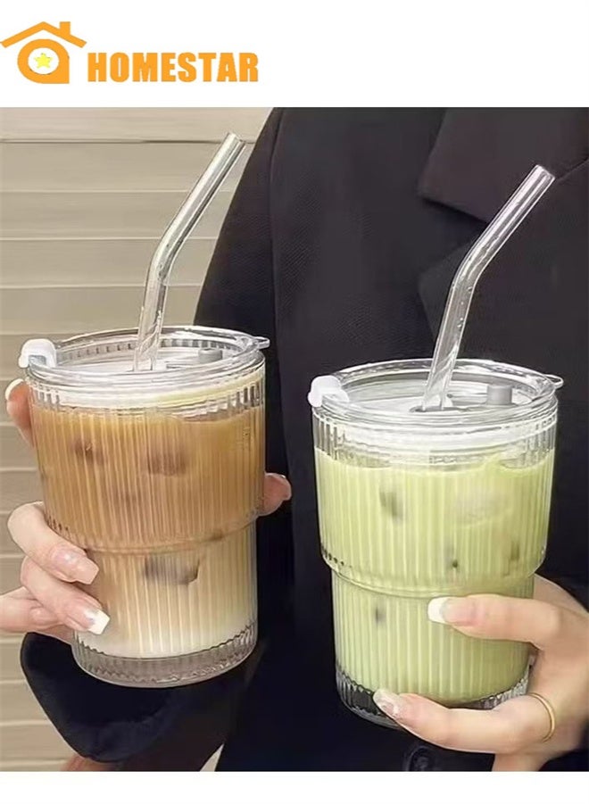 هومستر 2 حزم زجاج المياه ، 400 مل أكواب القهوة ، خطوط عمودية بسيطة أكواب المياه مع الأغطية والقش - Image 1