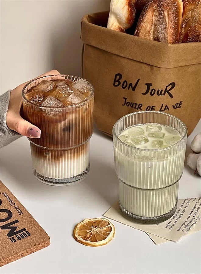 هومستر 2 حزم زجاج المياه ، 400 مل أكواب القهوة ، خطوط عمودية بسيطة أكواب المياه مع الأغطية والقش - Image 3