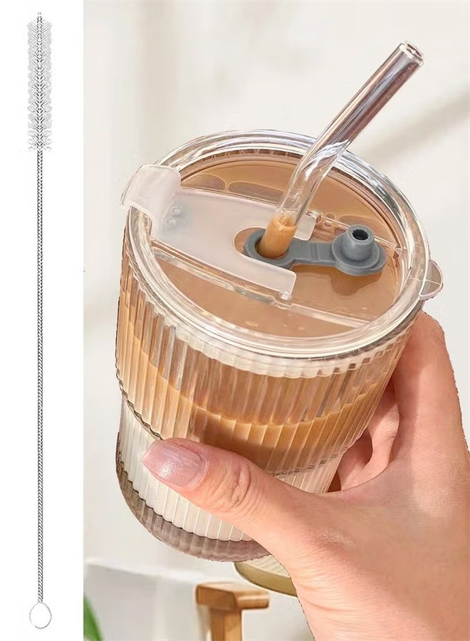 هومستر 2 حزم زجاج المياه ، 400 مل أكواب القهوة ، خطوط عمودية بسيطة أكواب المياه مع الأغطية والقش - Image 4