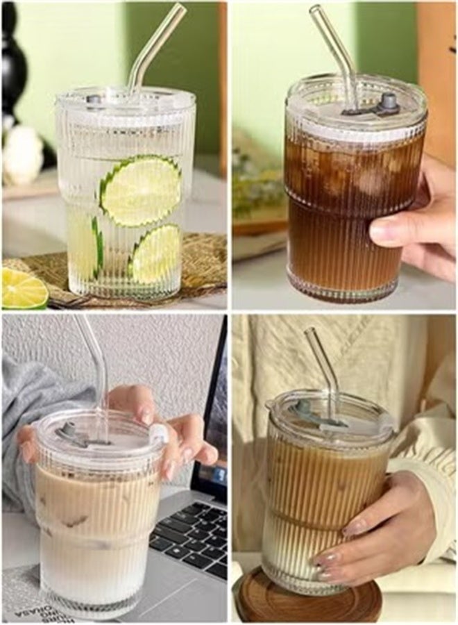 هومستر 2 حزم زجاج المياه ، 400 مل أكواب القهوة ، خطوط عمودية بسيطة أكواب المياه مع الأغطية والقش - Image 5