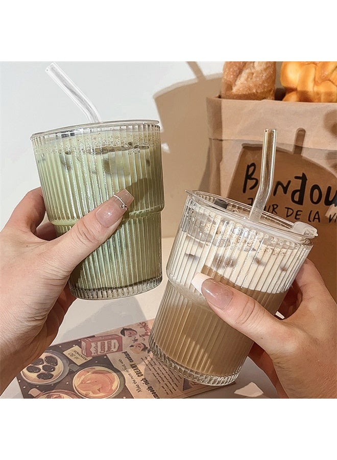 هومستر 2 حزم زجاج المياه ، 400 مل أكواب القهوة ، خطوط عمودية بسيطة أكواب المياه مع الأغطية والقش - Image 2