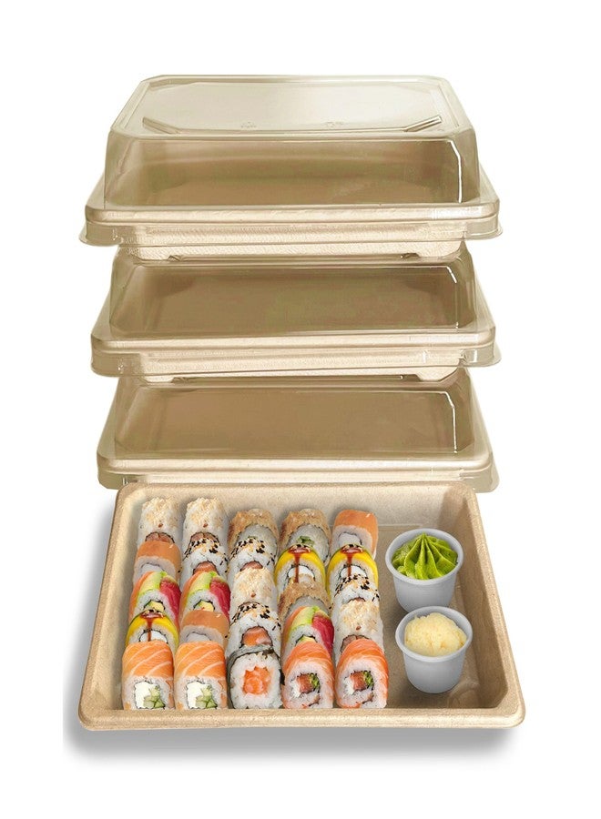 EcoQuality Large Compostable Sushi Trays with Lids - Natural Sugarcane Bagasse Take Out Sushi Container - Biodegradable, Disposable Sushi Plate with Lid, Eco Friendly, To go, Serving Tray (25) - Image 1