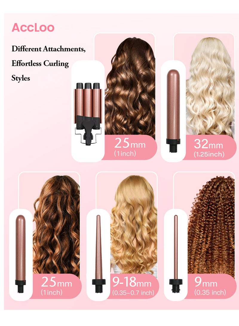 أكلو مجموعة عصا تجعيد الشعر الجمالية 5 في 1 (9-32 ملم)،   مُزودة بمشط ثلاثي البراميل، تسخين سريع بتقنية PTC،   طلاء سيراميك بالتورمالين، مضاد للتجعد،   درجة حرارة قابلة للتعديل (180-210 درجة مئوية)،   تتضمن قفاز مقاوم للحرارة ومشبكين للشعر. - Image 2