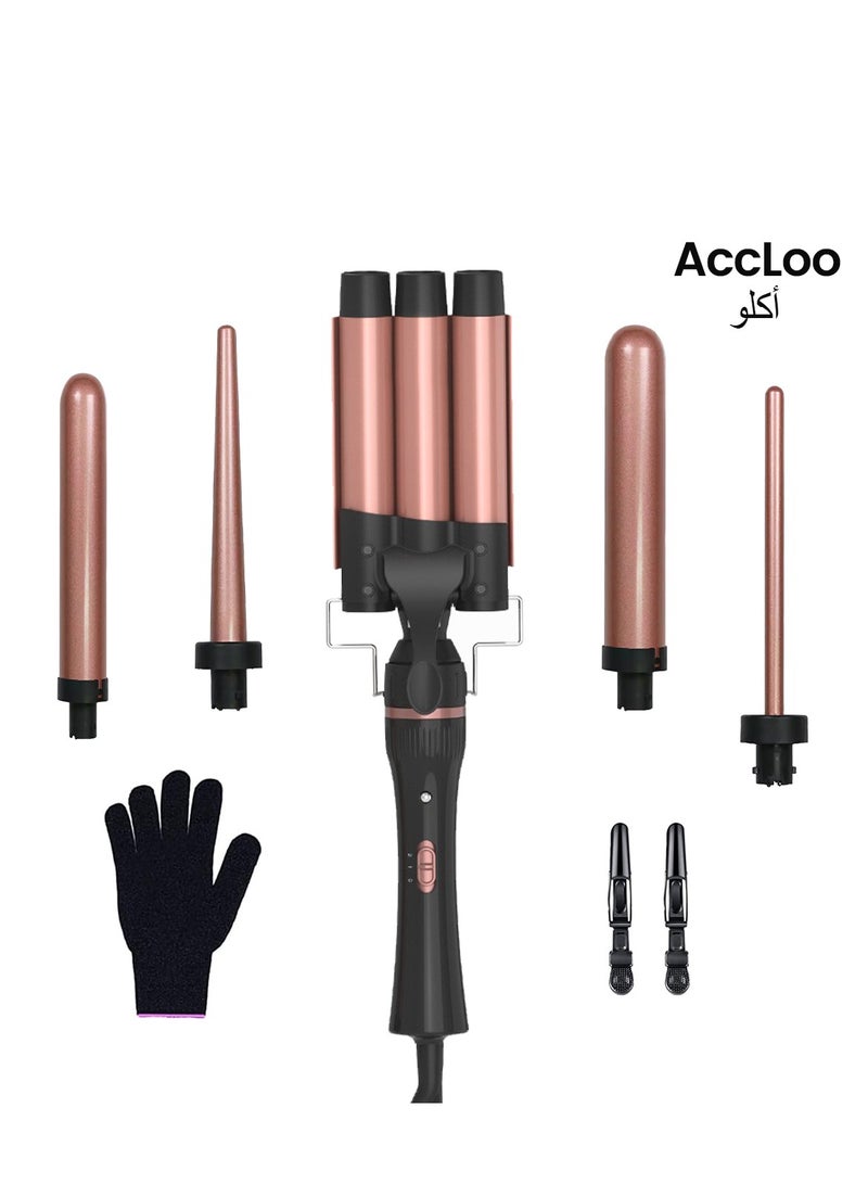 أكلو مجموعة عصا تجعيد الشعر الجمالية 5 في 1 (9-32 ملم)،   مُزودة بمشط ثلاثي البراميل، تسخين سريع بتقنية PTC،   طلاء سيراميك بالتورمالين، مضاد للتجعد،   درجة حرارة قابلة للتعديل (180-210 درجة مئوية)،   تتضمن قفاز مقاوم للحرارة ومشبكين للشعر. - Image 1