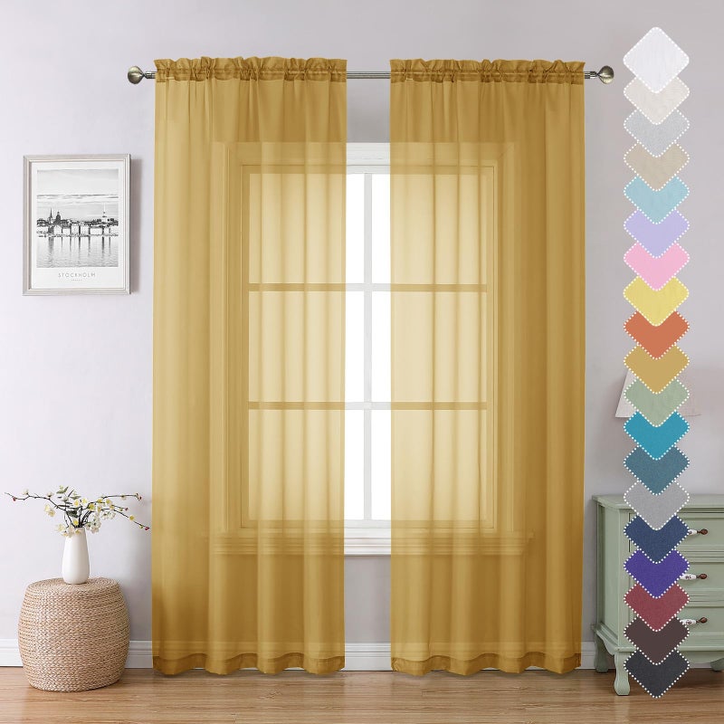 Lecloud Gold Sheer Curtains 84 Inches Long 2 Panels, Light Filtering Airy Voile Window Curtains for Bedroom Living Room, Dual Rod Pocket Elegant Sheer Window Treatments, 40" W x 84" L - Image 1