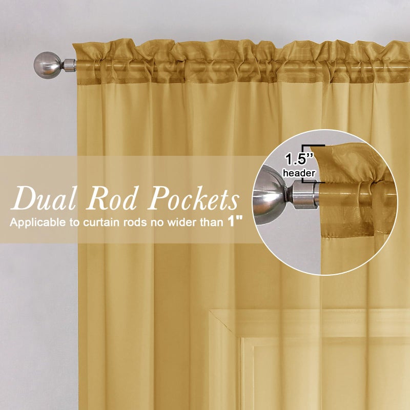 Lecloud Gold Sheer Curtains 84 Inches Long 2 Panels, Light Filtering Airy Voile Window Curtains for Bedroom Living Room, Dual Rod Pocket Elegant Sheer Window Treatments, 40" W x 84" L - Image 2