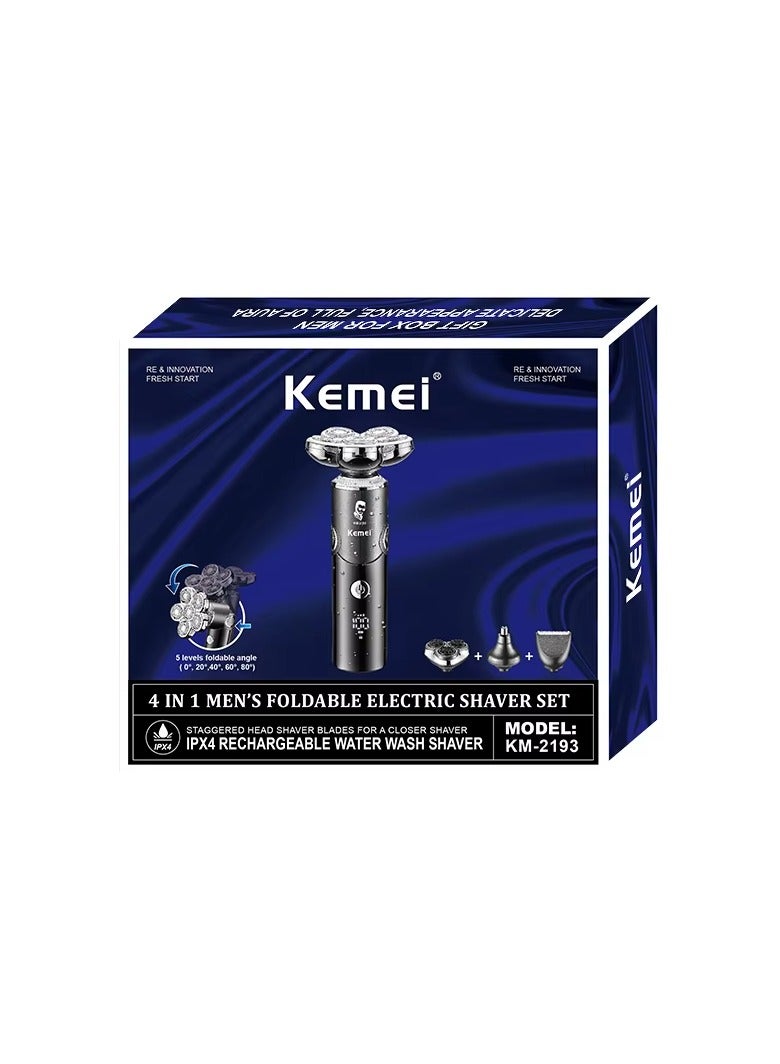 Kemei 4-in-1 Men's Foldable Electric Shaver Set with Staggered Head Blades, IPX4 Waterproof, Rechargeable & Water-Washable for a Closer Shave Black - Image 2