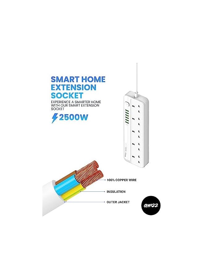 amzz Amzz Power Extension Cord with Multi Sockets 5 Universal Outlets Compatible With UK/UAE Plug, 6 Auto ID USB Ports For Mobile Charging, And 2m Extension Cord for Home, Office, Dorm Essentials  - Image 4