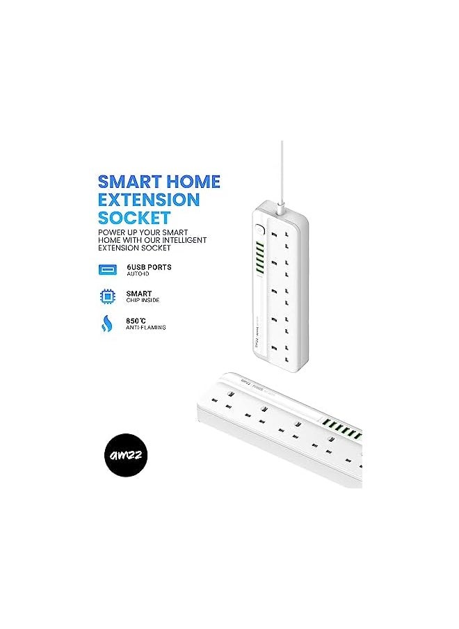 amzz Amzz Power Extension Cord with Multi Sockets 5 Universal Outlets Compatible With UK/UAE Plug, 6 Auto ID USB Ports For Mobile Charging, And 2m Extension Cord for Home, Office, Dorm Essentials  - Image 2