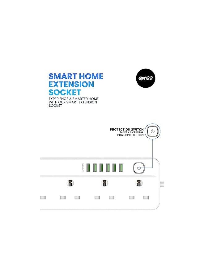 amzz Amzz Power Extension Cord with Multi Sockets 5 Universal Outlets Compatible With UK/UAE Plug, 6 Auto ID USB Ports For Mobile Charging, And 2m Extension Cord for Home, Office, Dorm Essentials  - Image 3