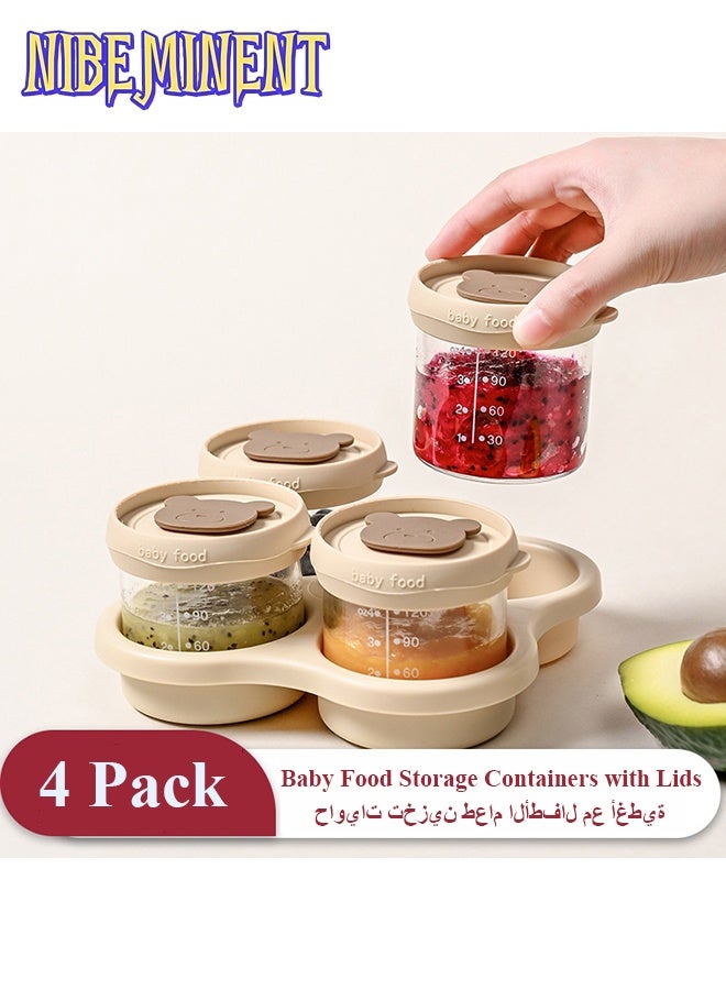 NIBEMINENT عبوة 4 زجاجات تخزين طعام الأطفال مع أغطية، حاويات تخزين طعام الأطفال قابلة للاستخدام في الميكروويف، صينية تجميد طعام الأطفال، برطمانات زجاجية لطعام الأطفال - Image 2