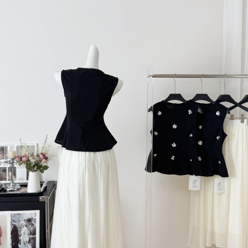 Fashion Suit For Women 2025 Spring And Style Sleeveless Black Vest Slim Elegant Waist Skirt Two-Piece Set - Image 4