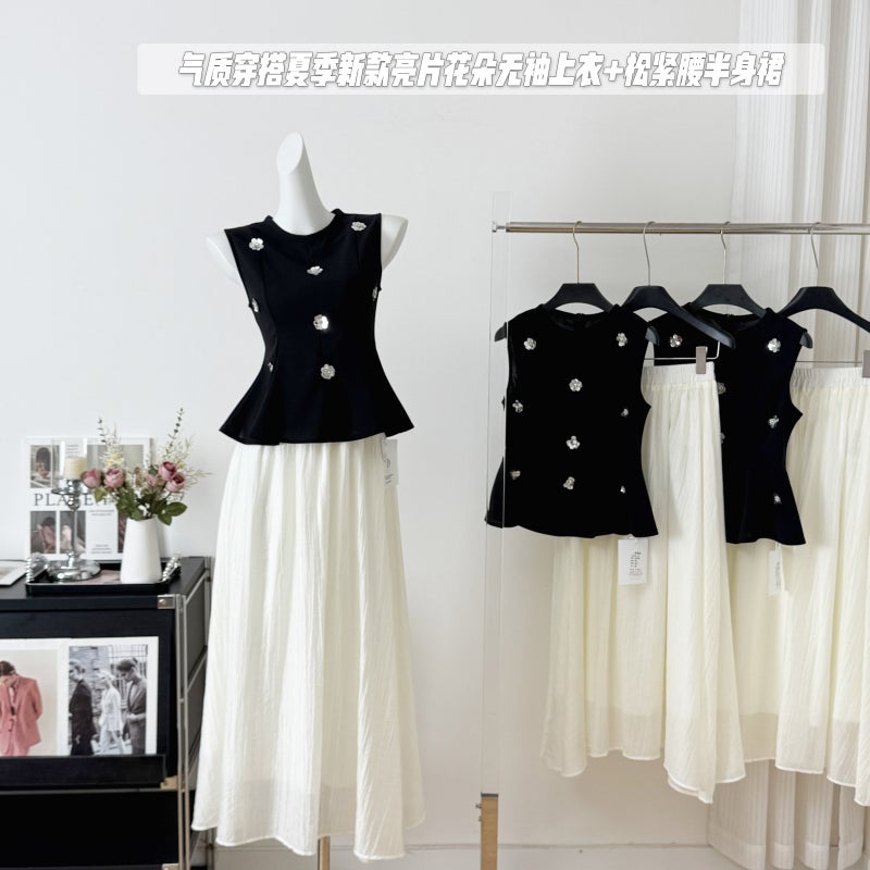Fashion Suit For Women 2025 Spring And Style Sleeveless Black Vest Slim Elegant Waist Skirt Two-Piece Set - Image 3
