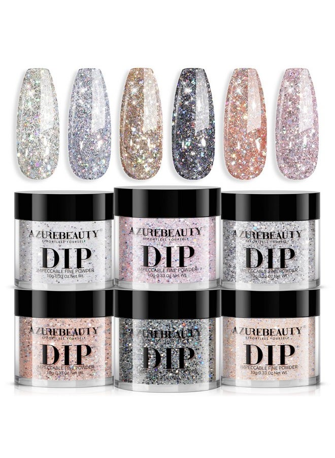 AZUREBEAUTY AZUREBEAUTY Dip Powder Nail Set, Silver Pink Black Golden Yellow Glitter Sparkly Shiny Chrome Platinum, 6 Colors All Seasons Dipping Powder Starter Kit Nail Art Manicure Salon, No Need Nail Lamp Cured  - Image 1