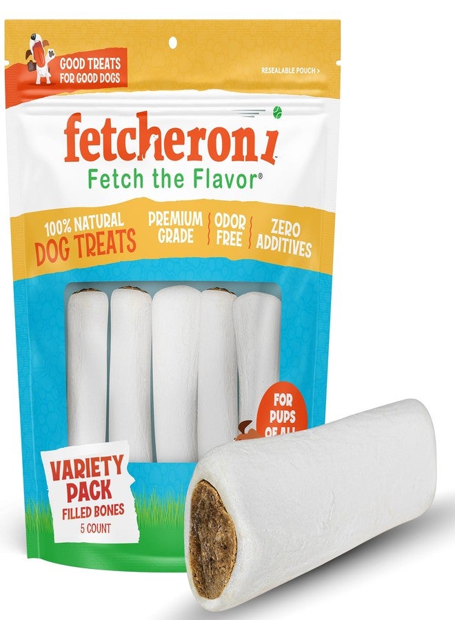 FETCHERONI Stuffed Shin Bones for Dogs - Variety Filled Treats - Bacon & Cheese, Peanut Butter, and Beef Flavor - 3-4 Inch Dental Chews - High Protein - for Small, Medium and Large Pets - 5 Pack - Image 1