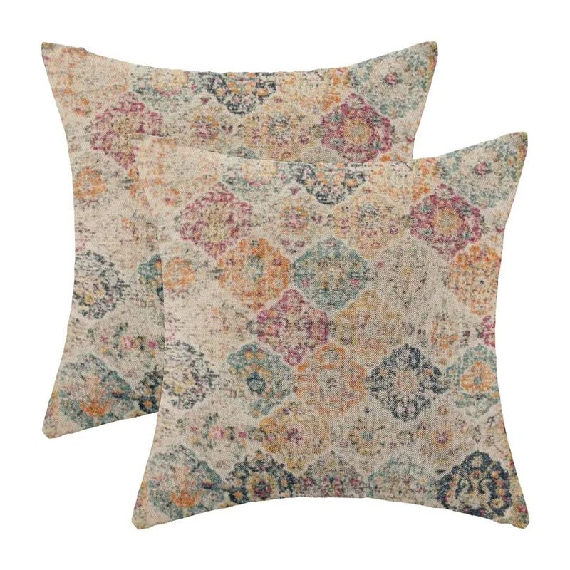 Boho Pillow Covers 18x18 Set of 2 Bohemian Chic Floral Medallion Trellis Decorative Throw Pillow Outdoor Linen Square Colorful Carpet Ethnic Pattern Cushion Cover Decor for Home Couch Sofa