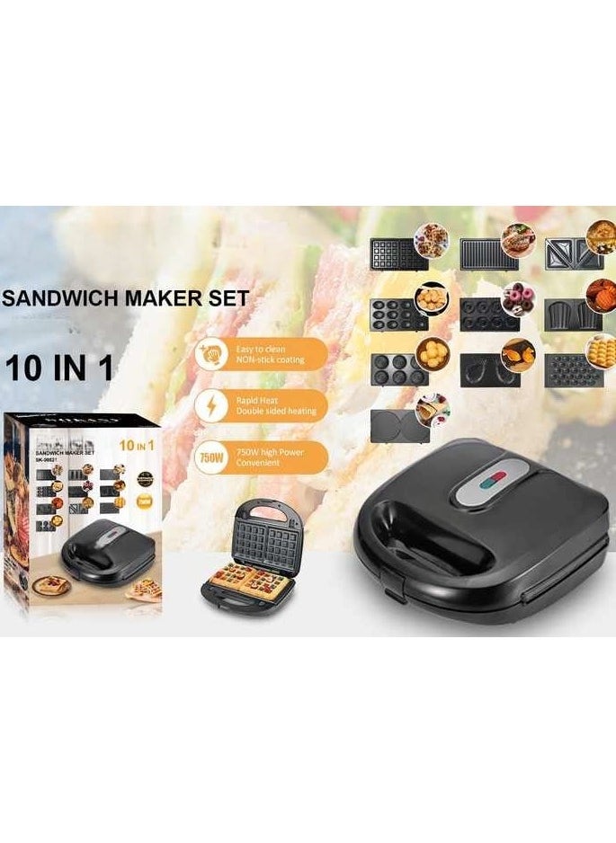 10 in 1 Sandwich Maker 750W Multi Function Machine with Changeable Plates for Waffle, Grill, Donut, Sandwich, 5 Cookie Designs, Nut Shapes, & Cone Maker with Non Stick Coating