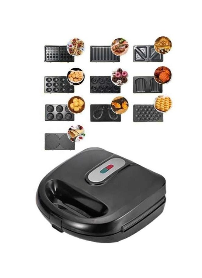 10 in 1 Sandwich Maker 750W Multi Function Machine with Changeable Plates for Waffle, Grill, Donut, Sandwich, 5 Cookie Designs, Nut Shapes, & Cone Maker with Non Stick Coating