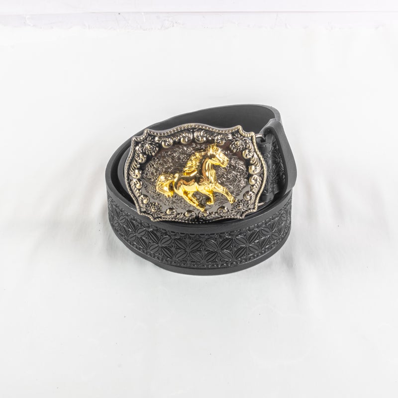 حزام وسط جلد أسود للجنسين مع إبزيم شكل حصان