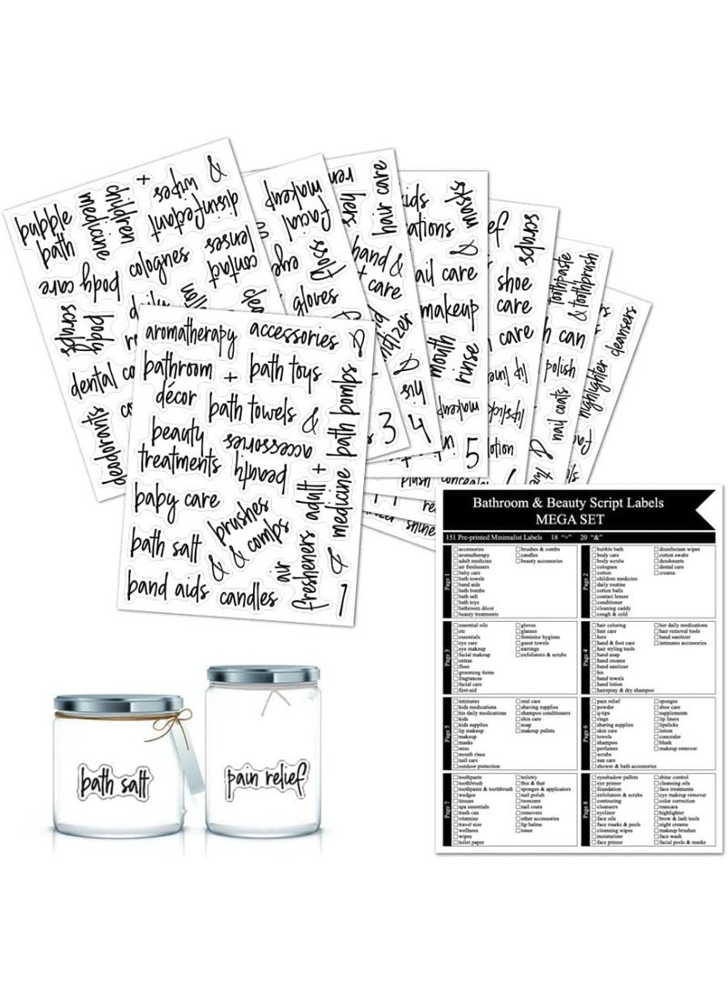 QUESERA 189 Pcs Clear Bathroom Jar Label Pre Printed Water and Oil Resistant Label Set Handwriting Font Bathroom Beauty Script Labels Gloss Label Stickers for Bathroom Organization - Image 1