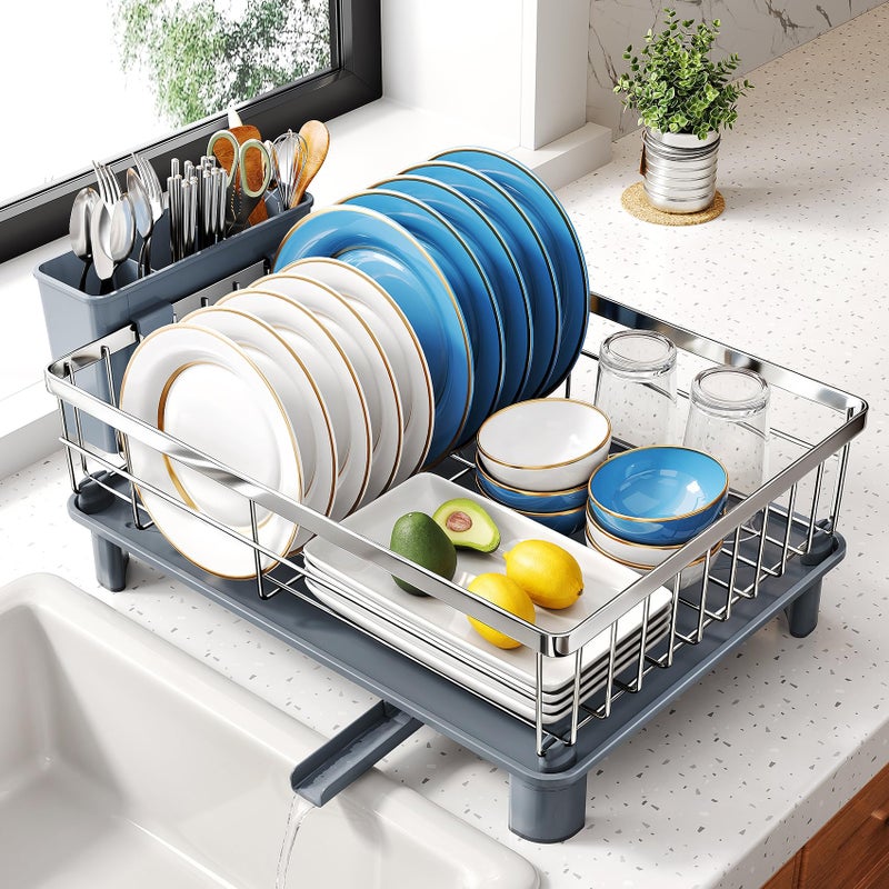 SNTD Dish Drying Rack - Small Dish Rack for Kitchen Counter, Stainless Steel Dish Drainer with Utensil Holder and Drainboard, 11" W x 15" L (Silver) - Image 1