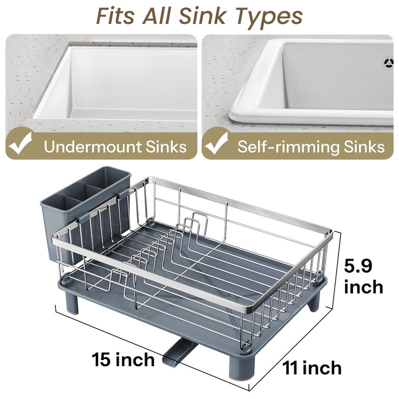 SNTD Dish Drying Rack - Small Dish Rack for Kitchen Counter, Stainless Steel Dish Drainer with Utensil Holder and Drainboard, 11" W x 15" L (Silver) - Image 2