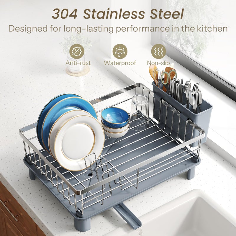 SNTD Dish Drying Rack - Small Dish Rack for Kitchen Counter, Stainless Steel Dish Drainer with Utensil Holder and Drainboard, 11" W x 15" L (Silver) - Image 5