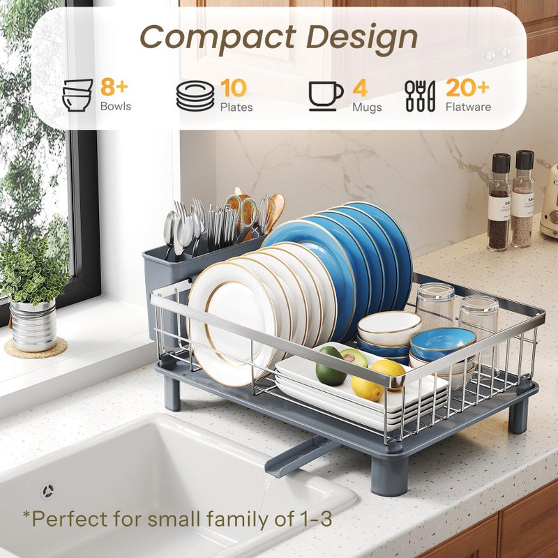 SNTD Dish Drying Rack - Small Dish Rack for Kitchen Counter, Stainless Steel Dish Drainer with Utensil Holder and Drainboard, 11" W x 15" L (Silver) - Image 3