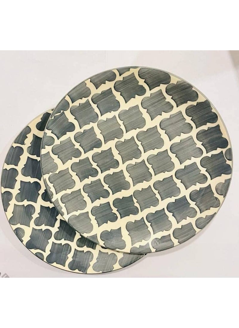 YOUR LOCAL STORE_Mughlai Design Grey Color Ceramic Full Size Dinner Plate 9 Inch Round Shape Plate Set of 2
