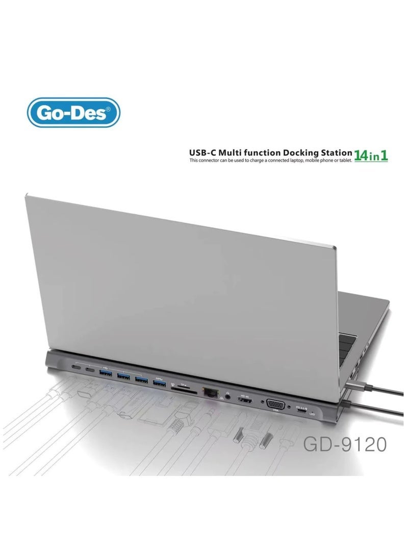 GO-DES 14 in 1 USB-C Type-C Hubs Docking Station – Silver – Multiport Adapter for Laptops, PCs, and Tablets, Includes HDMI, USB 3.0, SD/TF Card Slots, Ethernet, VGA, USB-C PD Charging, Compact & Portable Docking Solution for Home & Office Use - Image 4