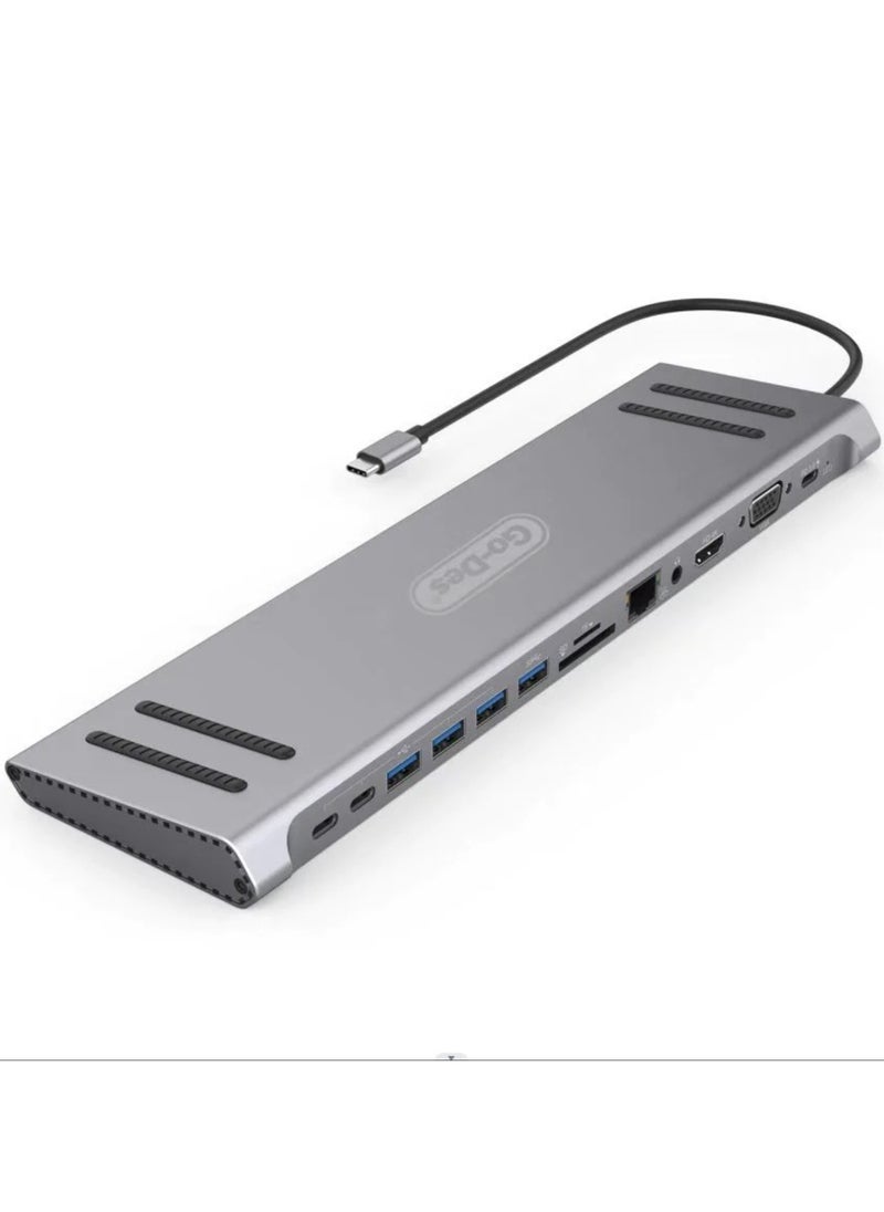 GO-DES 14 in 1 USB-C Type-C Hubs Docking Station – Silver – Multiport Adapter for Laptops, PCs, and Tablets, Includes HDMI, USB 3.0, SD/TF Card Slots, Ethernet, VGA, USB-C PD Charging, Compact & Portable Docking Solution for Home & Office Use - Image 1