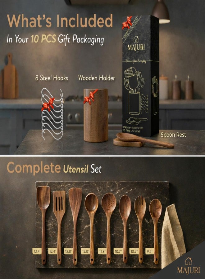 MAJURI 10-Piece Wooden Utensil Set with Holder, Spoon Rest & Hooks - Durable Non Toxic Cooking Utensils - Wooden Spoons for Cooking, Ideal Kitchen Utensil Set for Cooking Enthusiasts & House Warming - Image 2