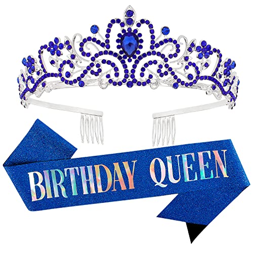 Velscrun Happy Birthday Queen Blue Silver Tiara Crowns for Women Sash Party Favors Supplies Gift for Her 50th Party Decorations Stuff Accessories - Image 1