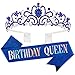 Velscrun Happy Birthday Queen Blue Silver Tiara Crowns for Women Sash Party Favors Supplies Gift for Her 50th Party Decorations Stuff Accessories - Image 3