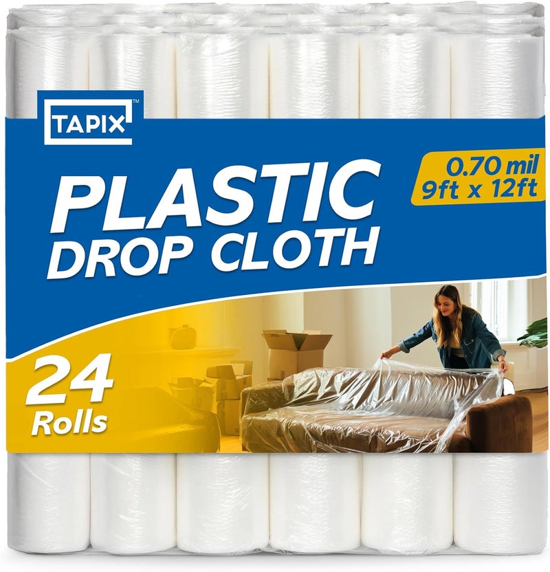 TAPIX 12 x 9 Ft Drop Cloths (24-Pack) – Plastic Sheeting & Painters Plastic Tarps for Painting, Waterproof Floor & Furniture Protection - Image 1