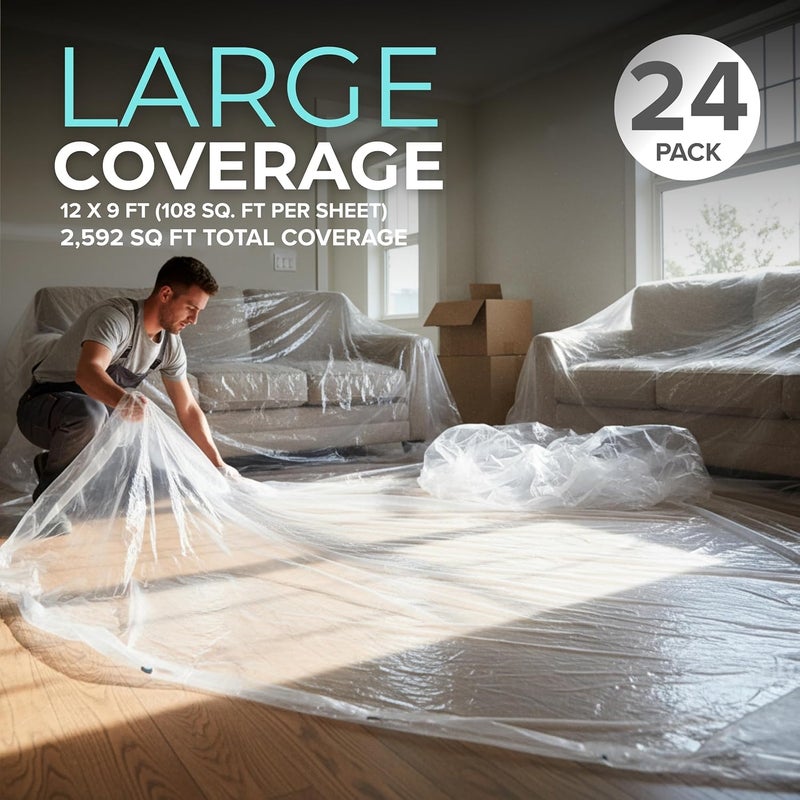 TAPIX 12 x 9 Ft Drop Cloths (24-Pack) – Plastic Sheeting & Painters Plastic Tarps for Painting, Waterproof Floor & Furniture Protection - Image 2