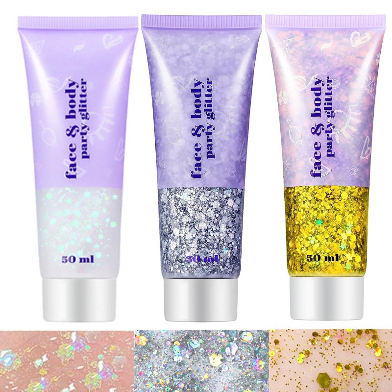 Go Ho White Silver and Gold Face Body Glitter Gel,Holographic Long Lasting Chunky Sequins Glitter Makeup for Singer Concerts,Parties,Performances,Stages,Festival Rave Accessories - Image 1