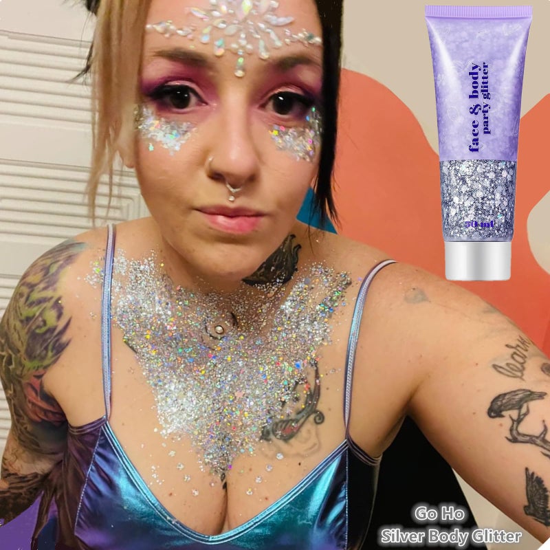 Go Ho White Silver and Gold Face Body Glitter Gel,Holographic Long Lasting Chunky Sequins Glitter Makeup for Singer Concerts,Parties,Performances,Stages,Festival Rave Accessories - Image 3