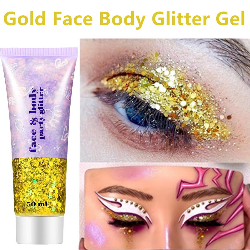 Go Ho White Silver and Gold Face Body Glitter Gel,Holographic Long Lasting Chunky Sequins Glitter Makeup for Singer Concerts,Parties,Performances,Stages,Festival Rave Accessories - Image 2