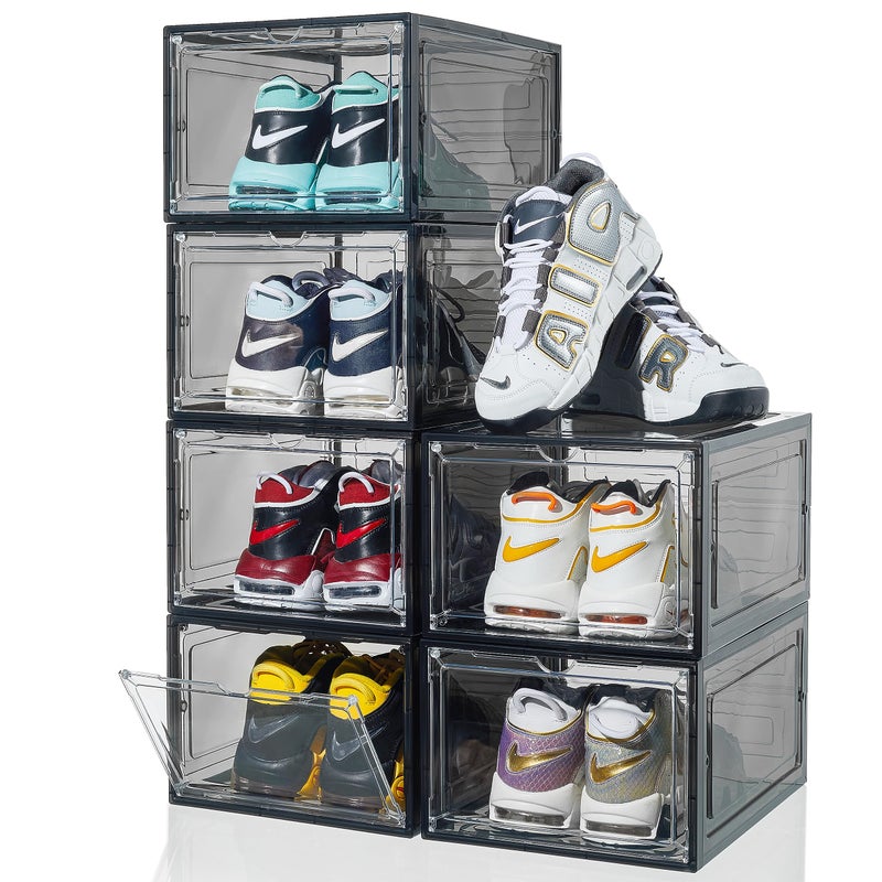 ZLLZUU Shoe Organizer Shoe Storage Boxes 6 Pack Large Drop Front Shoe Boxes with Magnetic Door Clear Plastic Stackable Shoe Containers Black
